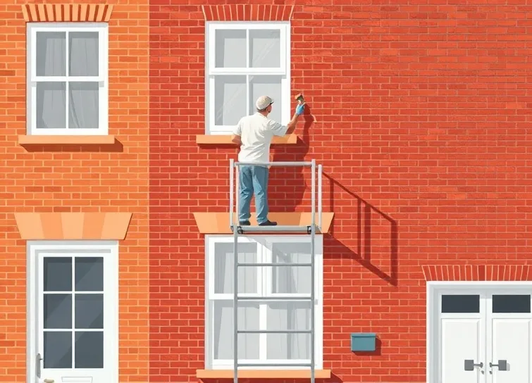Peintre sur échafaudage traitant la façade d'une maison